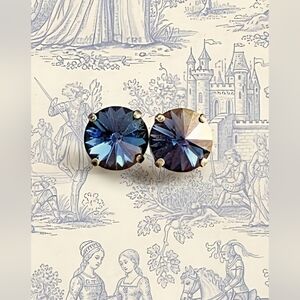 Large Volcano Blue And Purple Swarovski Crystal Stud Earrings In Brass